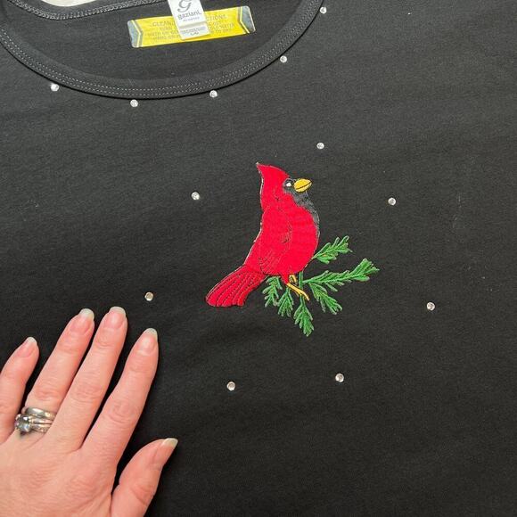 American VTG Christmas Cardinals T-Shirt sz L Womens Casual Tee Bird Bling Black - Picture 5 of 9